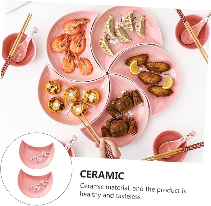 2pcs Moon Disk Food Storage Dipping Sauce Dishes Salad Plate Moon Tray Ring Dish Holder Appetizer Plates Tableware Organizer Cosmetic Tray Sushi Ceramics Seafood Pink