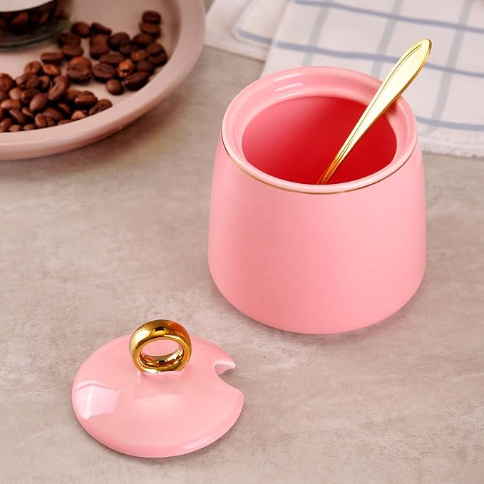 WHJY Ceramic Sugar Bowl with Lid and Spoon, Simple White Clear Porcelain Salt Bowl Salt Container, Modern Spice Box Seasoning Jar for Home and Kitchen Coffee Bar - Pink