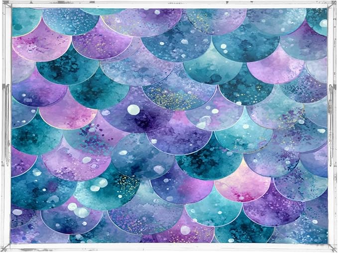 Serving Tray with Handles Clear Acrylic Tray 12x16 Inch Decorative Rectangular Tray Organizer for Ottoman Coffee Table Bathroom Watercolor Mermaid Scales Dots Purple