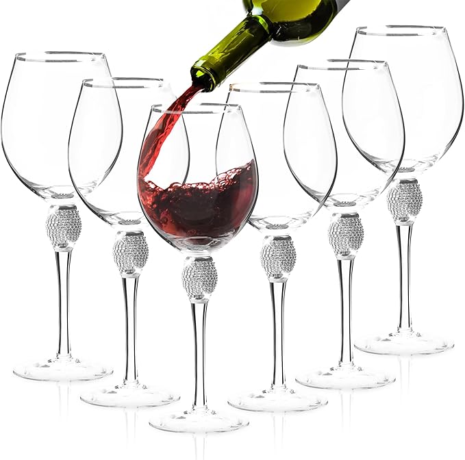 Premium Wine Glasses Set of 6 - Crystal Long Stem Wine Glass with Silver Rim & Rhinestone Design - 18 oz