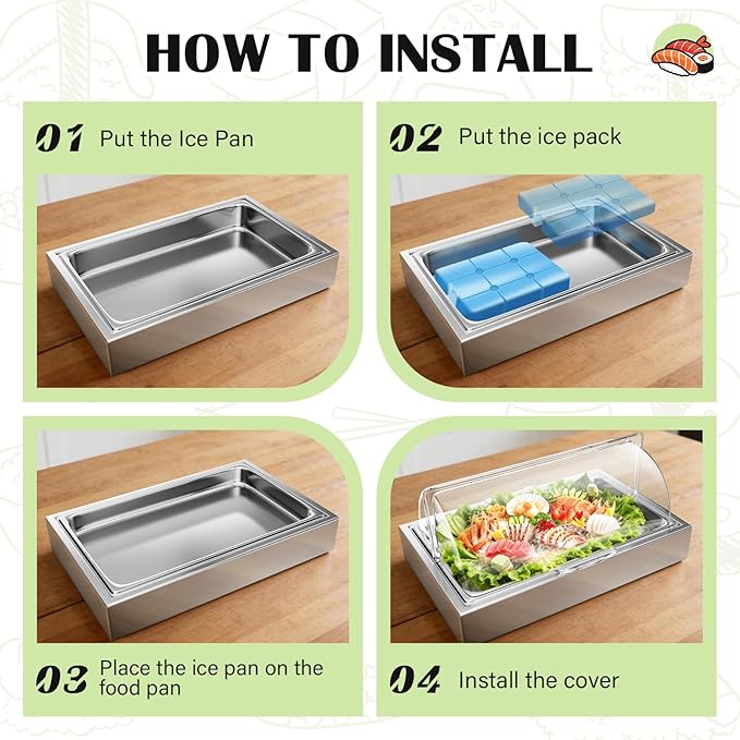 Ice Food Serving Display Tray with Clear Roll Top Cover, 1 x 1 Pan Stainless Steel Cold Food Buffet Condiment Dispenser Display Rack with 1 Clip & 2 Ice Trays for Restaurant Hotel Kitchen Party
