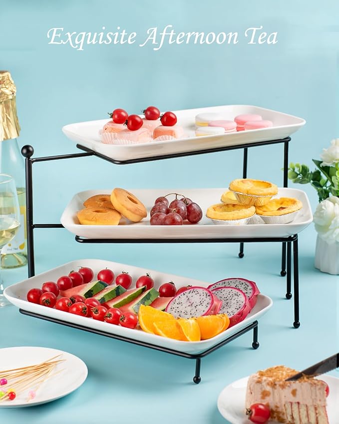 3 Tiered Serving Tray with White Porcelain Platters,Tiered Serving Stand Food Display Stand, Tiered Serving Trays & Platters, Rotatable Foldable Rectangular Plates for Dessert, Brithday Party & Events