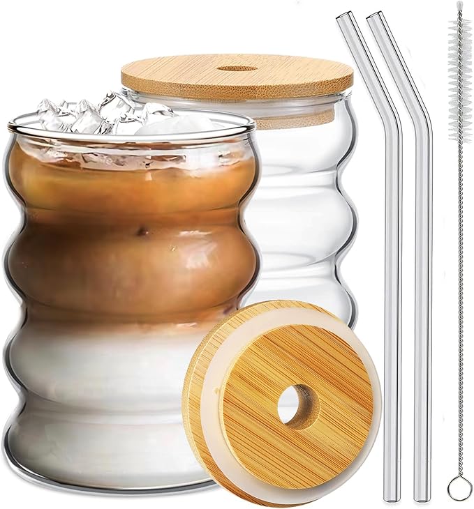 Ework4U 2 Pcs Drinking Glasses with Bamboo Lids and Glass Straw 14oz Glassware Set,Cocktail Glasses,Iced Coffee Glasses,Beer Glasses,Ideal for Water,Soda,Tea,Gift - with Cleaning Brushes