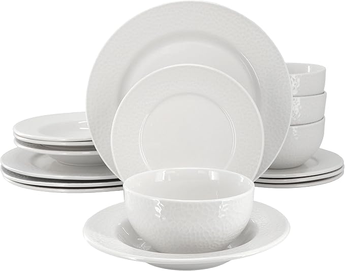 Elama Soyer 16 Piece Textured Design Double Bowl Porcelain White Dinnerware Set, Serveware, Tableware, Bowls, Plate Set (Soyer)