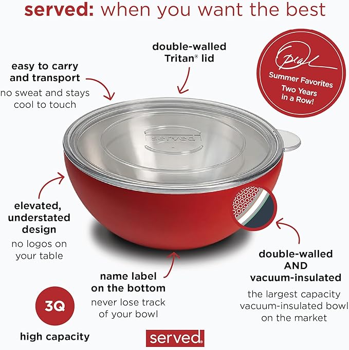 served Large Insulated Serving Bowl with Lid (100oz/3QT) - Double-Walled Stainless Steel Bowl for Hot & Cold Food - Vacuum Insulated, Spill-Resistant Thermal Bowl for Parties, Casseroles, Tailgates