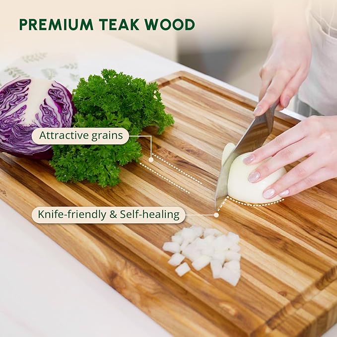 BEEFURNI Teak Wood Cutting Board with Juice Groove Hand Grip (M, 20x15x1.25"), Durable Wooden Cutting Boards for Kitchen, Butcher Block, Serving & Charcuterie Board, Christmas Gifts, 1-year Warranty