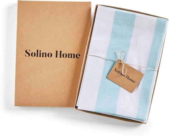 Solino Home Linen Cloth Napkins Set of 4-100% Pure Linen Aqua and White Striped Dinner Napkins 20 x 20 Inch - Cabana Stripe, Handcrafted and Machine Washable
