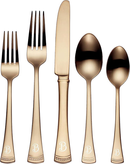 Lenox Monogrammed Portola Gold 20-Piece Stainless Steel Silverware Set, Custom Engraved Flatware Set Includes Service for 4 with Personalized Initials