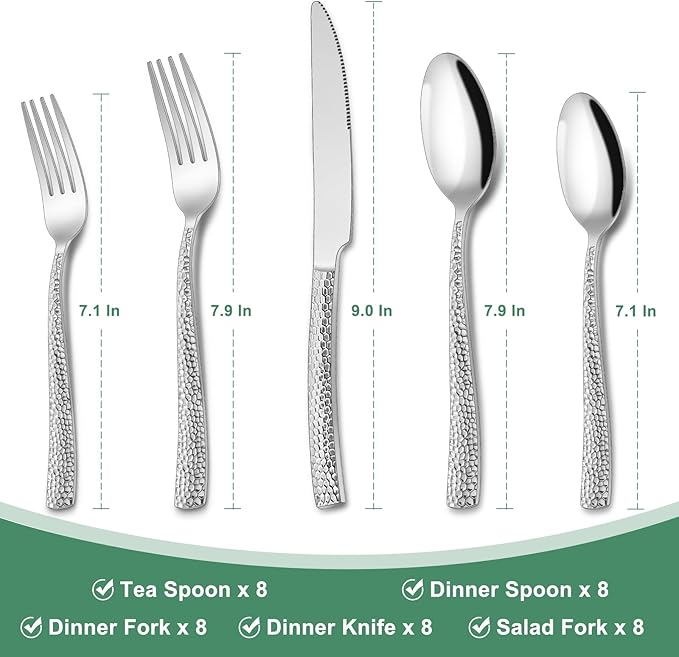 Hammered Silverware Set, 40-Piece Stainless Steel Wave Flatware Set for 8, Food-Grade Tableware Cutlery Set, Utensil Sets for Home Restaurant, Mirror Finish, Dishwasher Safe