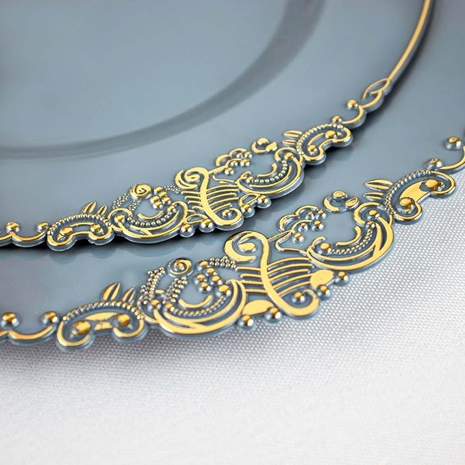 10" Dinner Plates -Set of 20 - Plastic Dusty Blue Round Baroque Disposable Chargers Leaf Embossed Rim, Ideal for Dinner Party Wedding Bulk Events