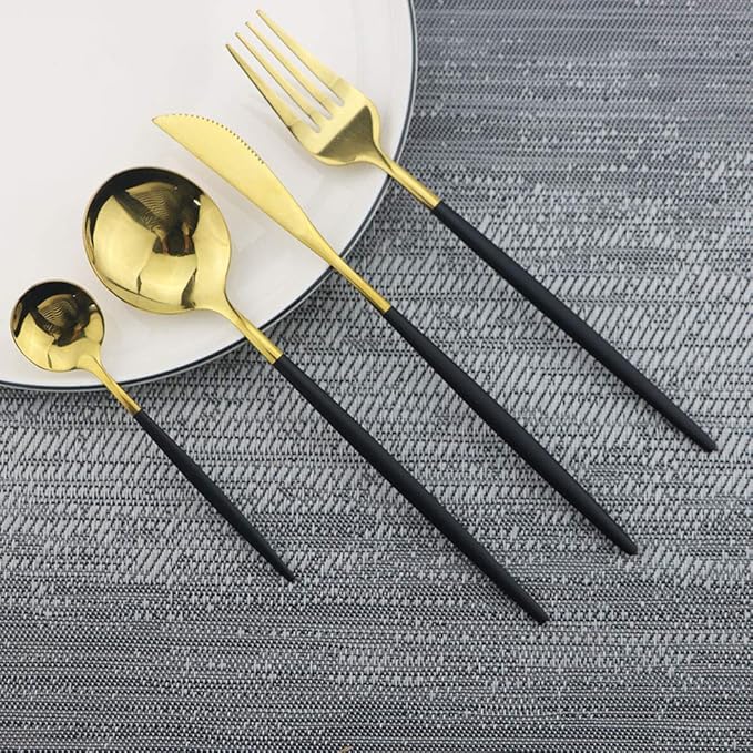 JASHII 24 Piece Titanium Black And Golden Plated Stainless Steel Flatware Set, Black Handle With Golden Mouth Silverware Set Black And Golden Cutlery Set Service for 6 (Handle Black,Shiny Golden)