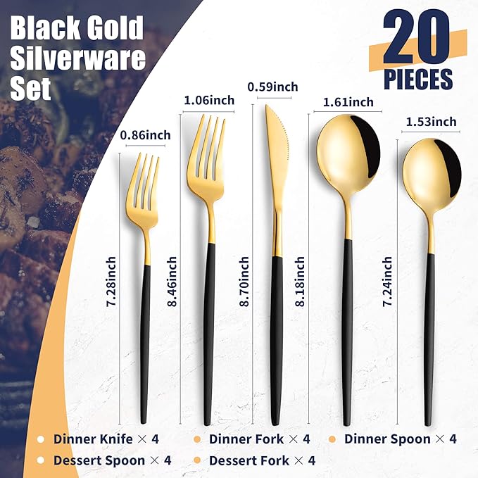 20 Piece Black Gold Silverware Set,Stainless Steel Flatware Cutlery Set Service for 4 Including Forks Spoons Knives,Utensil Set,Tableware for Home and Restaurant, Dishwasher Safe