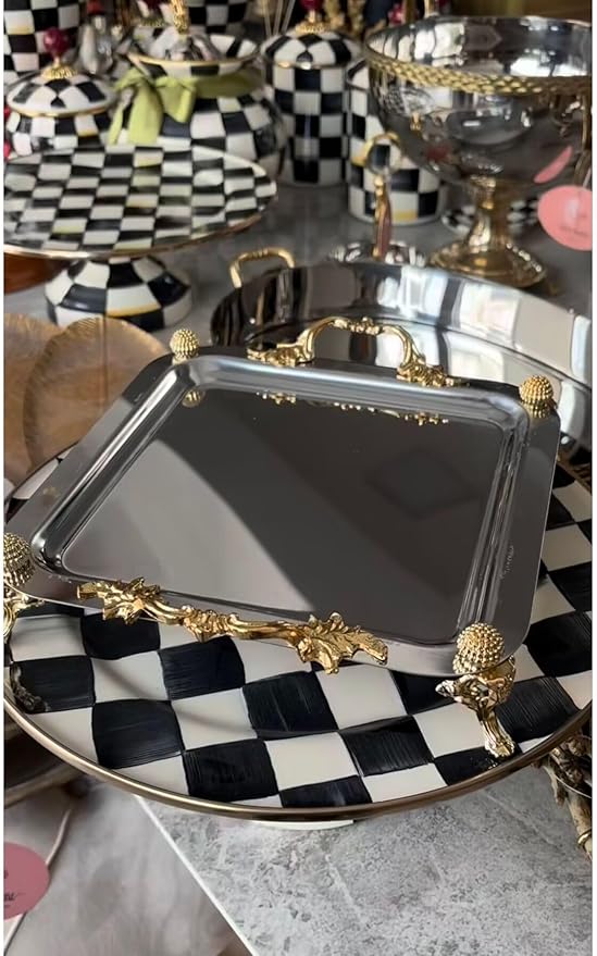 Serving Tray Square Metal Silver 8.6-Inch Decorative Plate with Stand for Tea Coffee Snacks - Silver, One Size