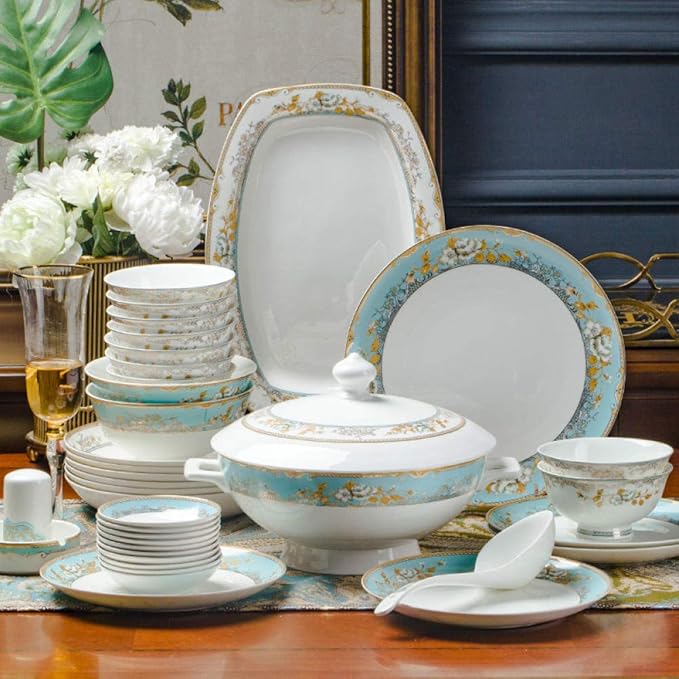 Jingdezhen Ceramic Dinnerware Set Kitchen Tableware Dinner Dish Ceramic Plates and Dishes Bowls 60pcs combination-60pcs WHITE