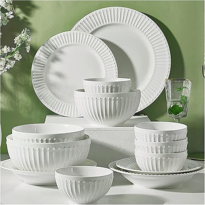 Porcelain Dinnerware Sets Plates and Bowls Sets 19 Pcs Dinnerware Sets, Porcelain Tableware Set with Plates and Bowls, White Ceramic Dinner Set, Microwave and Dishwasher Safe