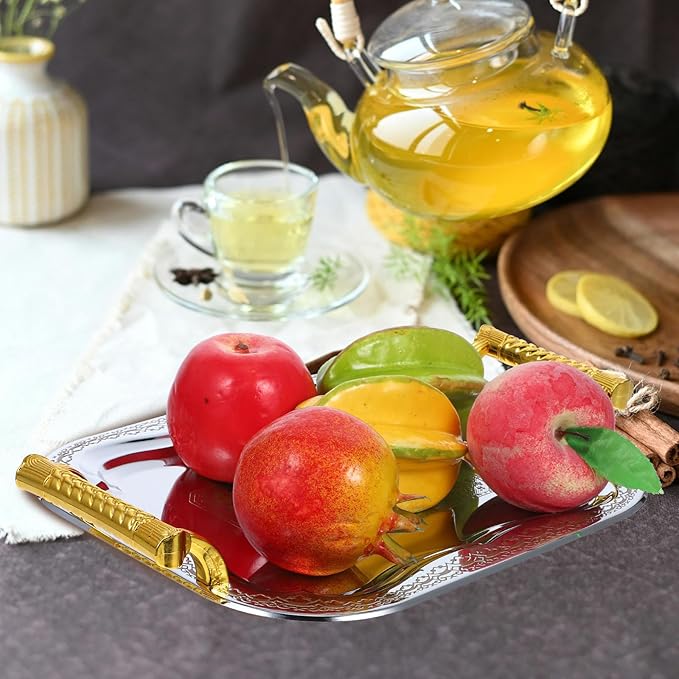 European Style Stainless Steel Serving Tray with Handle, Metal Snack and Fruit Plate for Food Presentation, Sturdy Tea and Beverage Tray for Home and Party Use