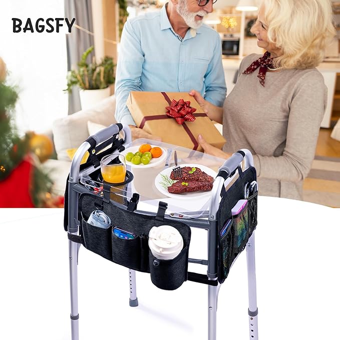 BAGSFY Clear View Walker Tray with Cup Holder & Front, Side Pockets, Transparent Folding Walker Table for Seniors, 8.8lbs Load-Bearing Sturdy PP Tray, Universal Fit Walker Accessory for Elderly