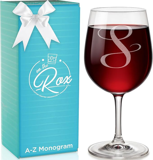 Monogrammed A-Z Wine Gifts for Women - 12.75 oz Engraved Personalized Wine Glass- Funny Wine Lover Monogram Gifts for Women - Unique Wine Glasses Gift Set (S)