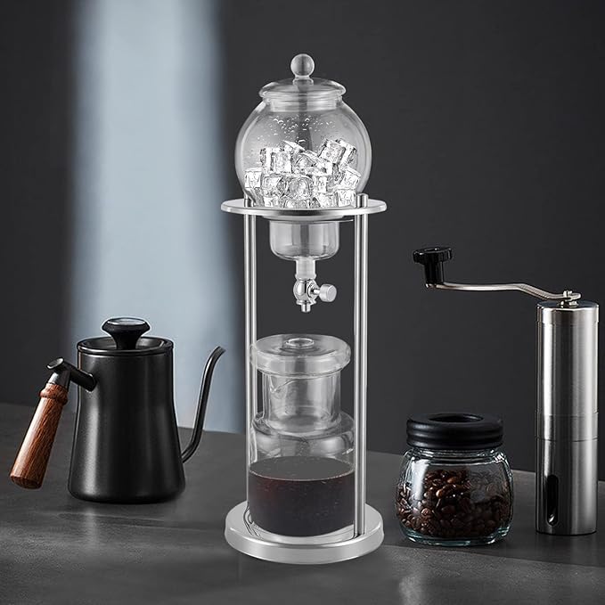 Metal Cold Brew Drip Tower, Ice Cold Drip Tower 600ml Capacity, Iced Coffee Cold Brew Drip Tower, Ice Coffee Maker for Home, Coffee Shops, Offices 6-8 Cups (Silver)
