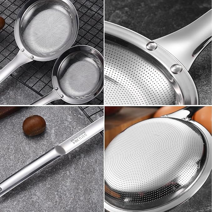 Fine Mesh Stainless Steel Colander Spoon,2025 New Extra Fine Mesh Strainer with Handle,304 Stainless Steel Skimmer Spoon Kitchen Gadget for Filte Grease Foam (1, B Style, Large+Small)