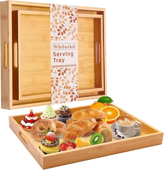 Bamboo Serving Tray for Bed Decorative Couch Tray Coffee Table Food Trays with Handles for Breakfast Dinner Restaurants Party or Home Decor Outdoor Scenarios 2 Packs