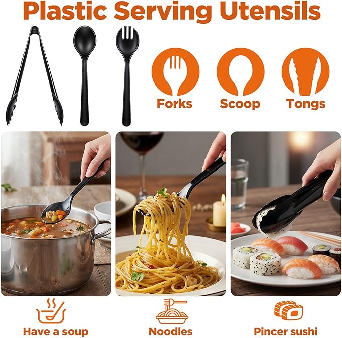 36 PCS Disposable Serving Utensils Set - 12 Heavy Duty Plastic Spoons Forks Tongs for Buffet Catering Party Supplies, Black Serving Utensils for Restaurant Wedding Banquet Dinner Salad Soup