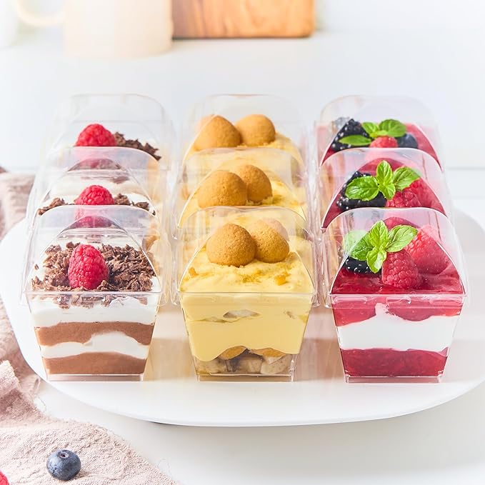 Zezzxu 50 Pack 4 oz Square Dessert Cups with Dome Lids and Spoons, Plastic Pudding Cups with Lids Mini Parfait Shooter Cups for Party Individual Banana Pudding Jello Yogurt Fruit Trifle