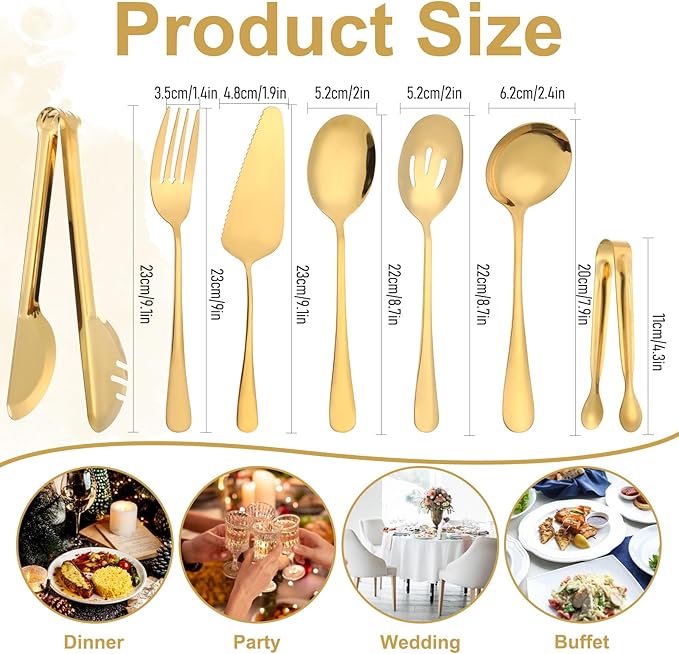 12Pcs Gold Serving Utensils Set, Stainless Steel Serving Utensils Set includes Serving Spoon, Serving Solted Spoons, Fork, Sugar Tongs, Food Tongs, Cake Spatula, Soup Spoon for Parties, Buffet