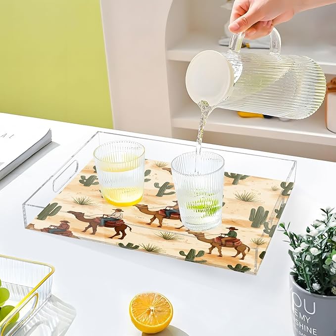 Serving Tray with Handles Clear Acrylic Tray 12x16 Inch Decorative Rectangular Tray Organizer for Ottoman Coffee Table Bathroom Cute Cowboys Camels Cacti