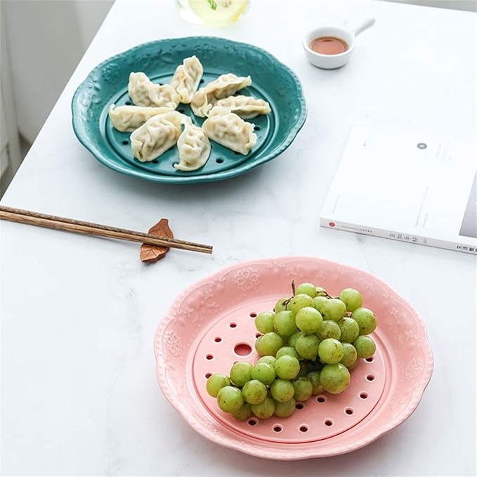 Snack Plate Ceramic Appetizer Snack Plate Drainage Plate Double Plate Fruit Plate Vegetable Plate Pastry Clapboard Plate Snack Tray (Color : A)