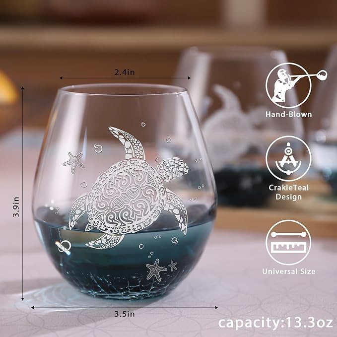 Sea Turtle Wine Glasses Set 4 - 13.3oz Crackle Teal Design, Hand blown Tortoise Wine Tumbler,Sea Turtle Gifts for Women, Birthday/Housewarming/Christmas Gifts for Turtle Lovers(4count, White)