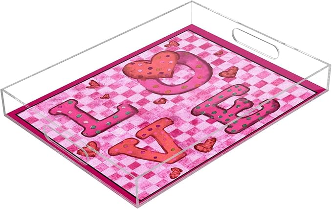 Serving Tray with Handles Clear Acrylic Tray 12x16 Inch Decorative Rectangular Tray Organizer for Ottoman Coffee Table Bathroom Pink Checkered Valentine Love Hearts