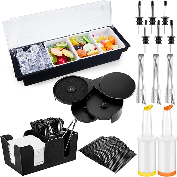 Mifoci Bartending Supplies Garnish Tray with Lid Bar Caddy 3 Tier Glass Rimmer 12 Stainless Steel Bottle Pourers 2 Juice Pour Bottle 1000 Cocktail Straw 3 Serving Tong(4 Compartments,Plastic)