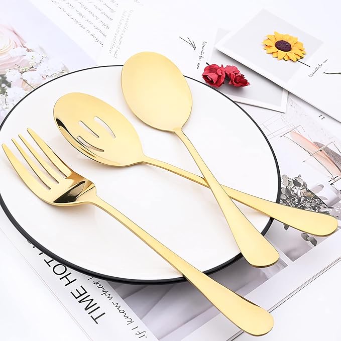 35-Piece Mirror Gold Flatware Set, 18/0 Stainless Steel Cutlery Set With Seriving Utensils For 6, Home Restaurant Silverware Set With Cake Knife, Colander, Soup Spoon, Dishwasher Safe