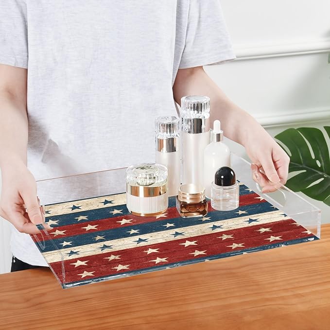 Serving Tray with Handles Clear Acrylic Tray 12x16 Inch Decorative Rectangular Tray Organizer for Ottoman Coffee Table Bathroom Red and Blue Stars Independence Day