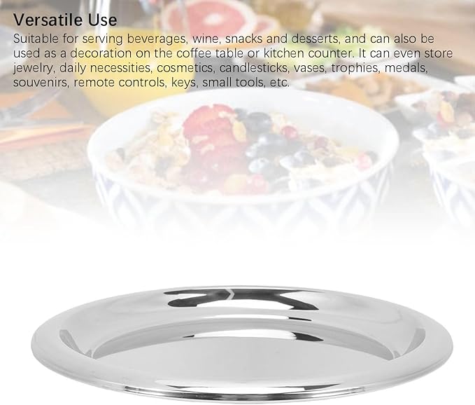 Fafeicy Round Silver Serving Tray 35cm Stainless Steel Mirror Polished Rustproof Bar Tray Circular Serving Platter with Elegant Arc Design for Drinks Snacks Desserts Home Decor