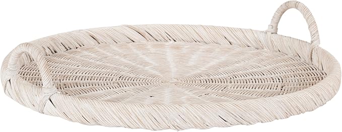 Kate and Laurel Cormont Modern Round Woven Rattan Tray with Handles; 23 Inch Diameter; Whitewash Rattan; Decorative Circle Boho Tray for Use as Versatile Ottoman Tray or Serving Platter