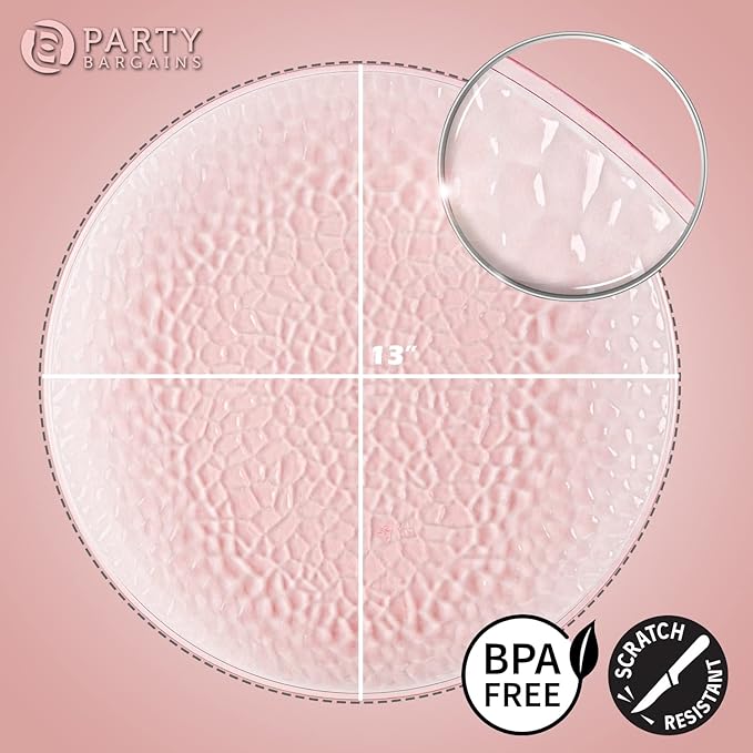 PARTY BARGAINS 13-Inch Charger Plates - 4 Pack, Hammered Pink, Heavy-Duty Disposable Chargers for Elegant Dining - Ideal for Weddings and Formal Events
