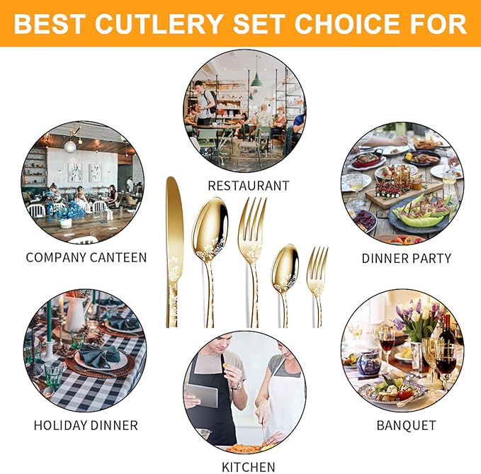 vilihkc Vilihkc 20 piece Unique Pattern Design Silverware Set, Stainless Steel Flatware Set Service for 4, gold Cutlery Set, Mirror Polished Utensil Set for Kitchen, Dishwasher Safe