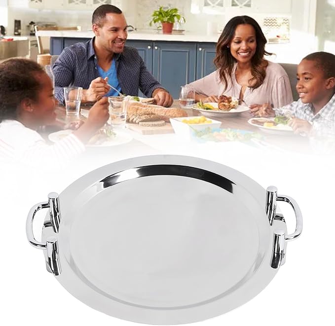 Serving Tray, Bright Mirror Finish Stainless Steel Buffet Plate, Serving Platters with Ergonomic Handle for Banquet Halls, Wedding Receptions (Round (Diameter 15.7in))