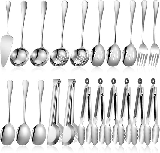 19 Pieces Serving Flatware Set Including Stainless Steel Spatulas, Forks, Spoons, Perforated, Soup, Skimmers Spoon, Buffet Tongs, Heavy Duty Serving Tongs for Home(Silver)