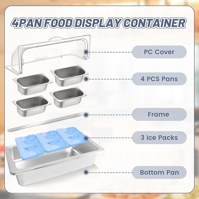 Countertop Ice Food Serving Display Tray with 4 Pan, Salad Bar Buffet Station for Home, Cold Food Buffet Server, Pizza Topping Station, Cold Buffet Table Serving Station for Party