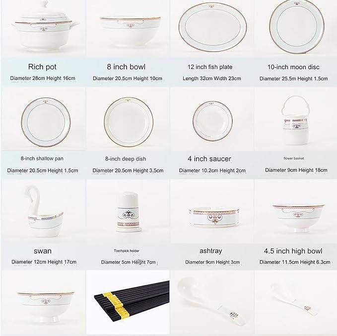 Bone China Tableware Set, 59-Piece Ceramic Tableware, Banquet Tableware for 8-10 People, Microwave-Safe Tableware, White Cyan Bone China