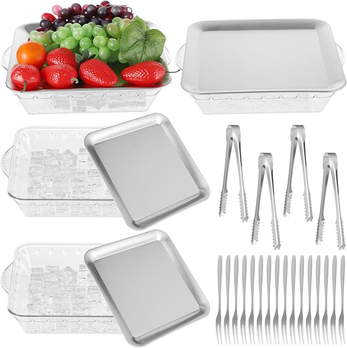 4 Sets Chilled Serving Tray, 9 in Square Ice Chilled Party Platter, Charcuterie Serving Board with Ice Tongs and Forks for Outdoor Buffet, Fruit, Appetizer, Seafood, Cold Dish, Picnic