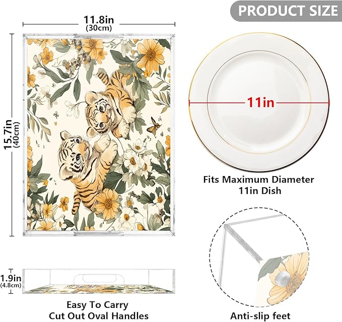 Serving Tray with Handles Clear Acrylic Tray 12x16 Inch Decorative Rectangular Tray Organizer for Ottoman Coffee Table Bathroom Cute Tigers Flowers Beige