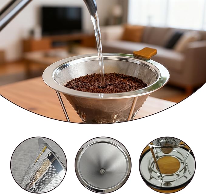 Stainless Steel Pour Over Coffee Dripper with 800 Mesh Steel Screen, Reusable Drip Coffee Pour Over Filter