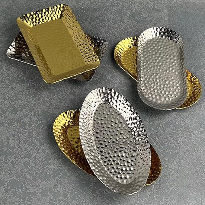 Mini Serving Platter Stainless Steel Serving Tray Hammered Oval 6.9 x 3.1 Inch Small Dessert Plates Coffee Table Tray Decorative Plates for Kitchen Party Silver