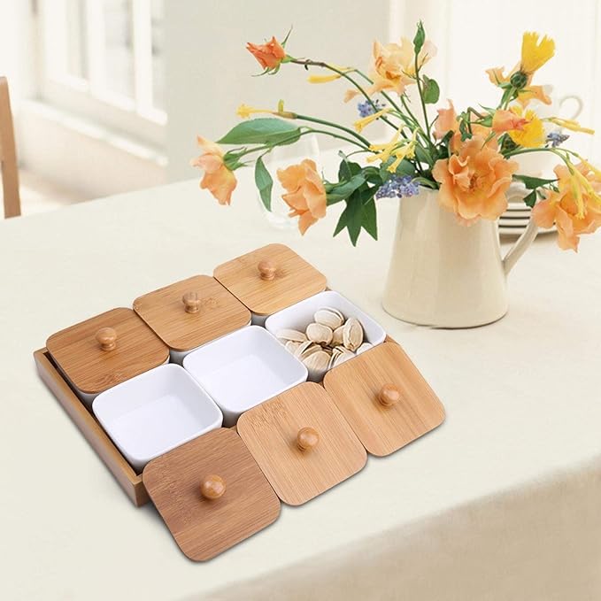 Ceramic Divided Serving Dishes, Serving Tray and Platter Ceramic Condiments Tray with Lids 2 Removable Appetizer Serving Bowls for Chips and Dip Condiment Fruit Veggies Nut Candy and Snacks