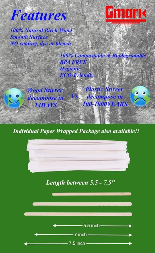 Gmark Coffee Stir Sticks 7" (length 178mm, width 6mm, thick 1.8mm) 1000pc Round End, Eco Friendly Coffee Stirrers Wood for Hot Drinks - Natural Birch Wood GM1116