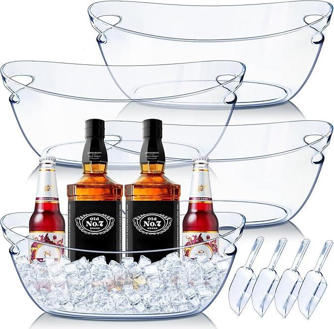 Emycool Ice Bucket, 5.5L Large Ice Buckets for Parties and Freezer, Plastic Beverage Tub for Cocktail Bar with Scoops for Wine, Champagne, Beer (4PCS)